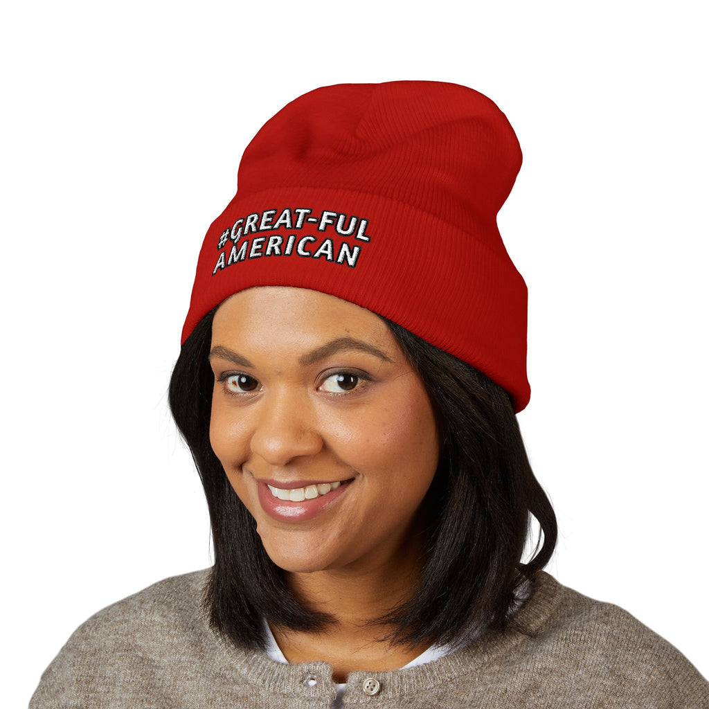 BLUE, RED, or PINK BEANIE w/WHITE LETTERING, Embroidered 'Be Great-Ful American' Cuffed Beanie