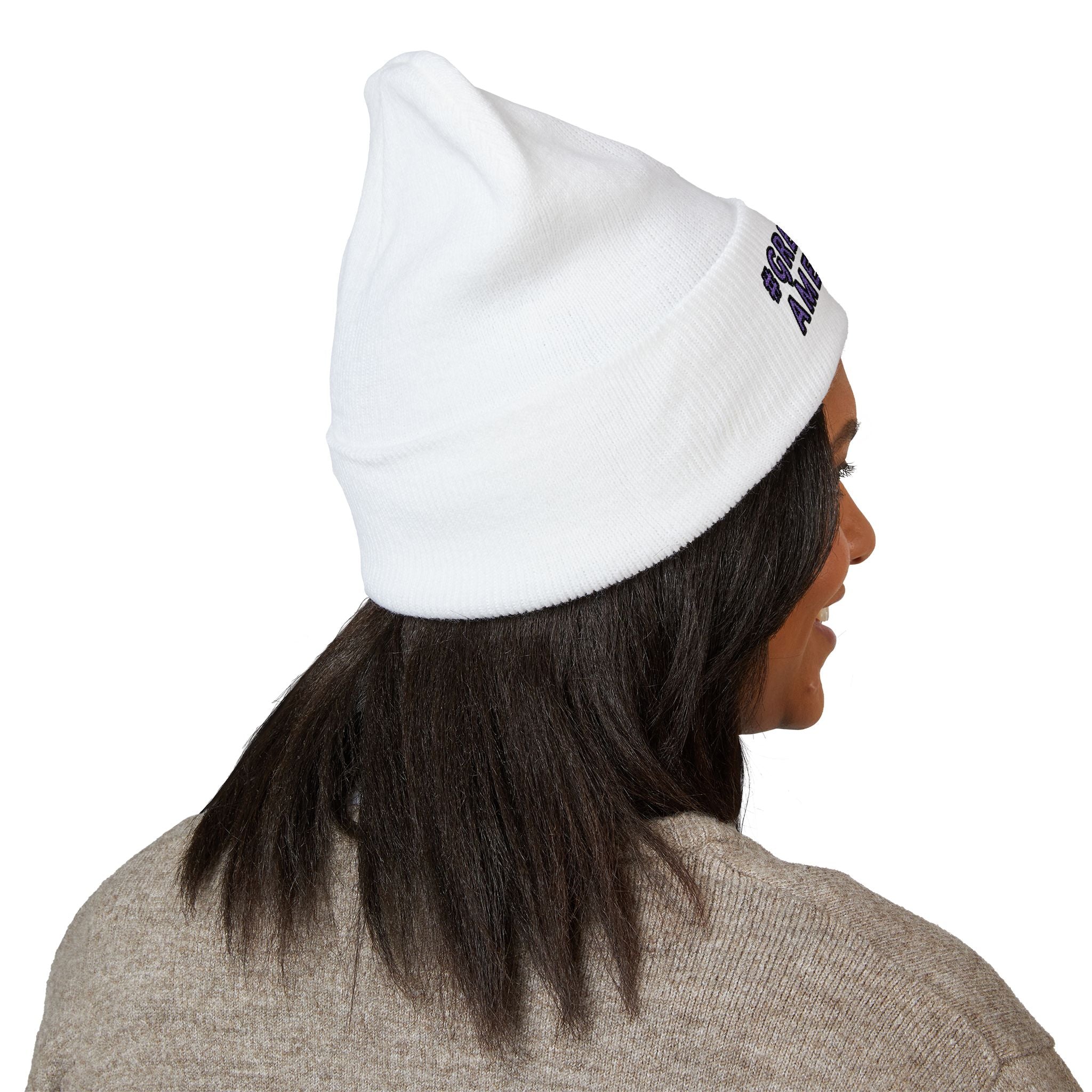 WHITE OR BLACK BEANIE w/BLUE WRITINGEmbroidered Be "Great-Ful American" Cuffed Beanie