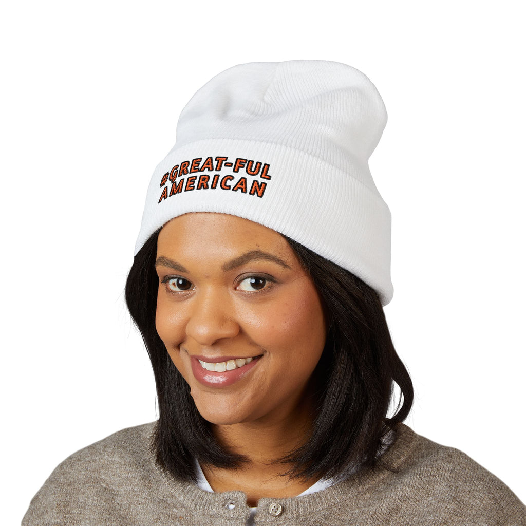 WHITE OR BLACK BEANIE w/ RED WRITING, Embroidered Be A "Great-Ful American" Cuffed Beanie
