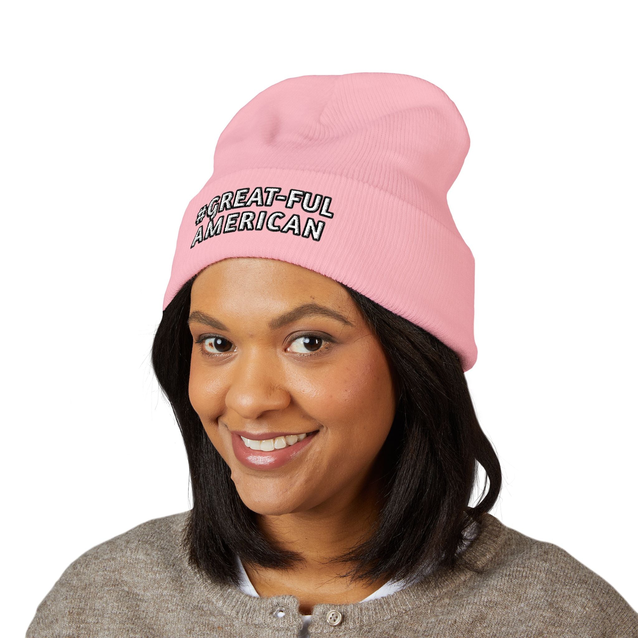 BLUE, RED, or PINK BEANIE w/WHITE LETTERING, Embroidered 'Be Great-Ful American' Cuffed Beanie