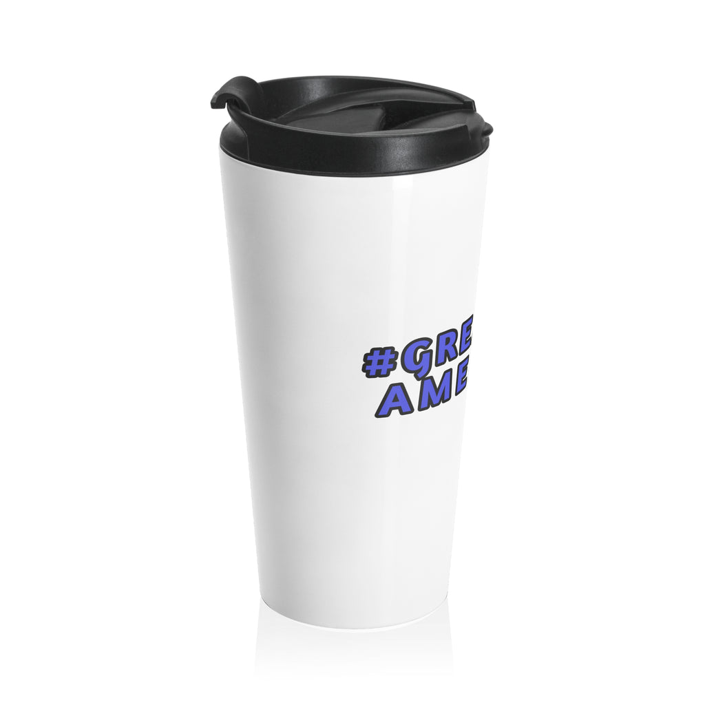 WHITE MUG w/ BLUE WRITING 15oz Patriotic "Great-Ful American" Stainless Steel Travel Mug