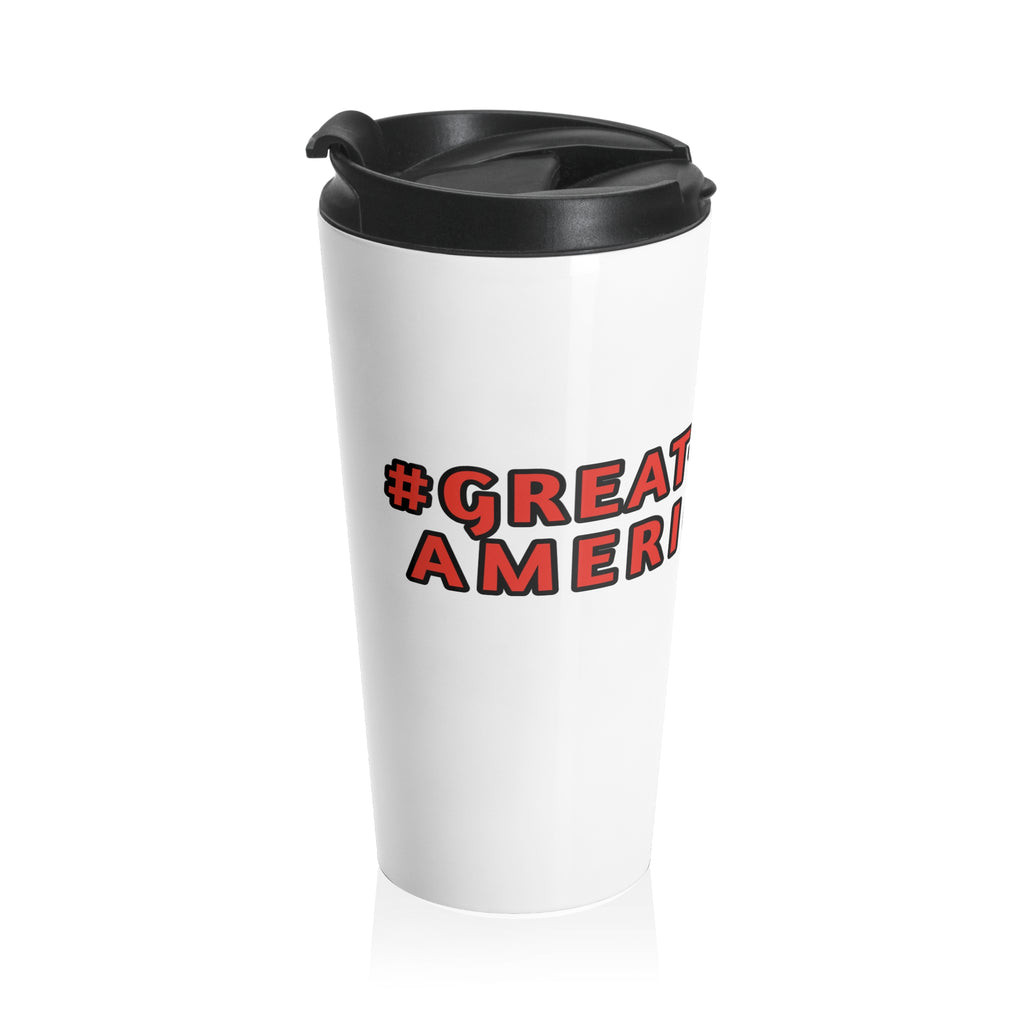 WHITE MUG w/ RED LETTERING 15oz Patriotic "Great-Ful American" Stainless Steel Travel Mug