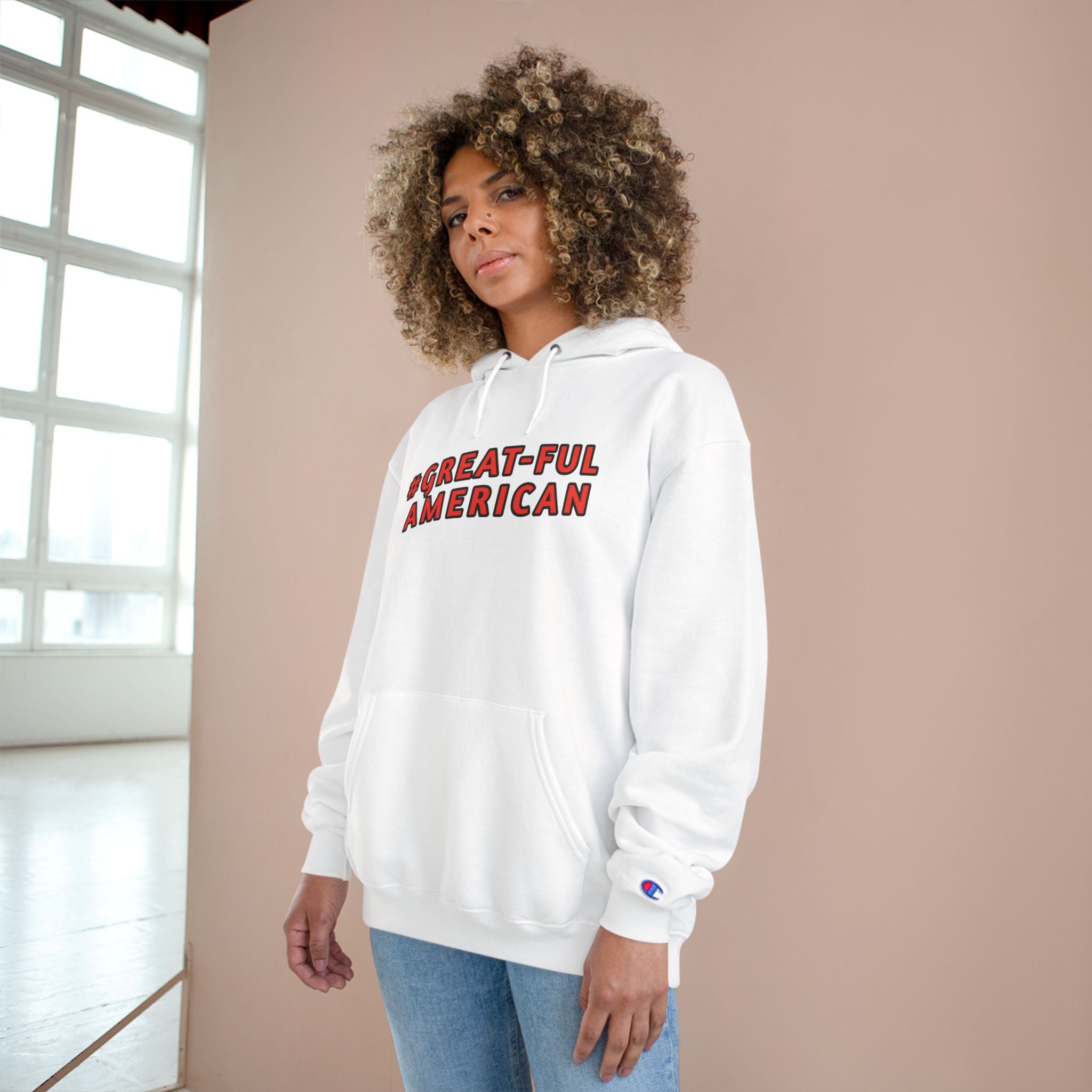 WHITE or BLACK HOODIE w/ RED WRITING,  Champion Brand Hooded Sweatshirt- Comfort, Quality, and Gratitude - Functional Front Pouch Pocket - Classic Drawstring Hood  