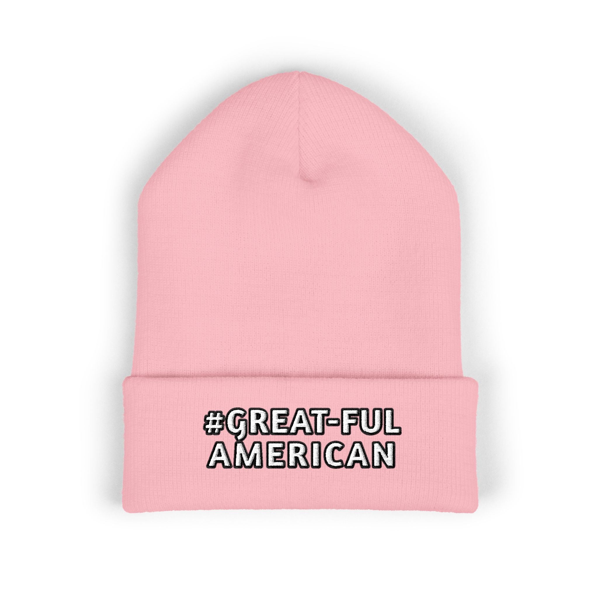 BLUE, RED, or PINK BEANIE w/WHITE LETTERING, Embroidered 'Be Great-Ful American' Cuffed Beanie