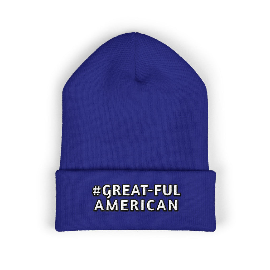 BLUE, RED, or PINK BEANIE w/WHITE LETTERING, Embroidered 'Be Great-Ful American' Cuffed Beanie