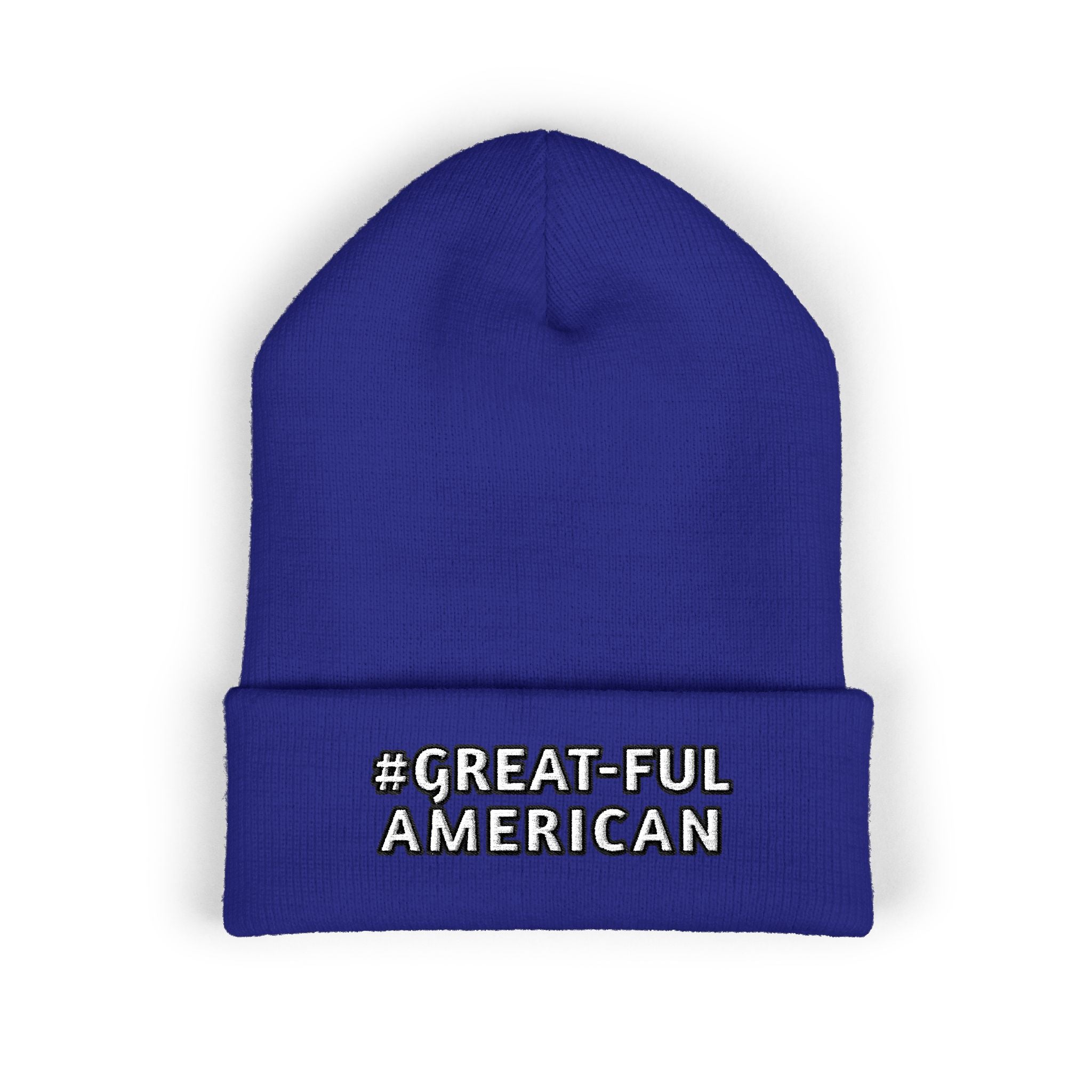BLUE, RED, or PINK BEANIE w/WHITE LETTERING, Embroidered 'Be Great-Ful American' Cuffed Beanie