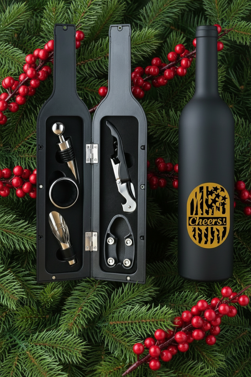 Hinged Wine "Bottle" Filled with Wine Opening, Pouring, & Saving Accessories.