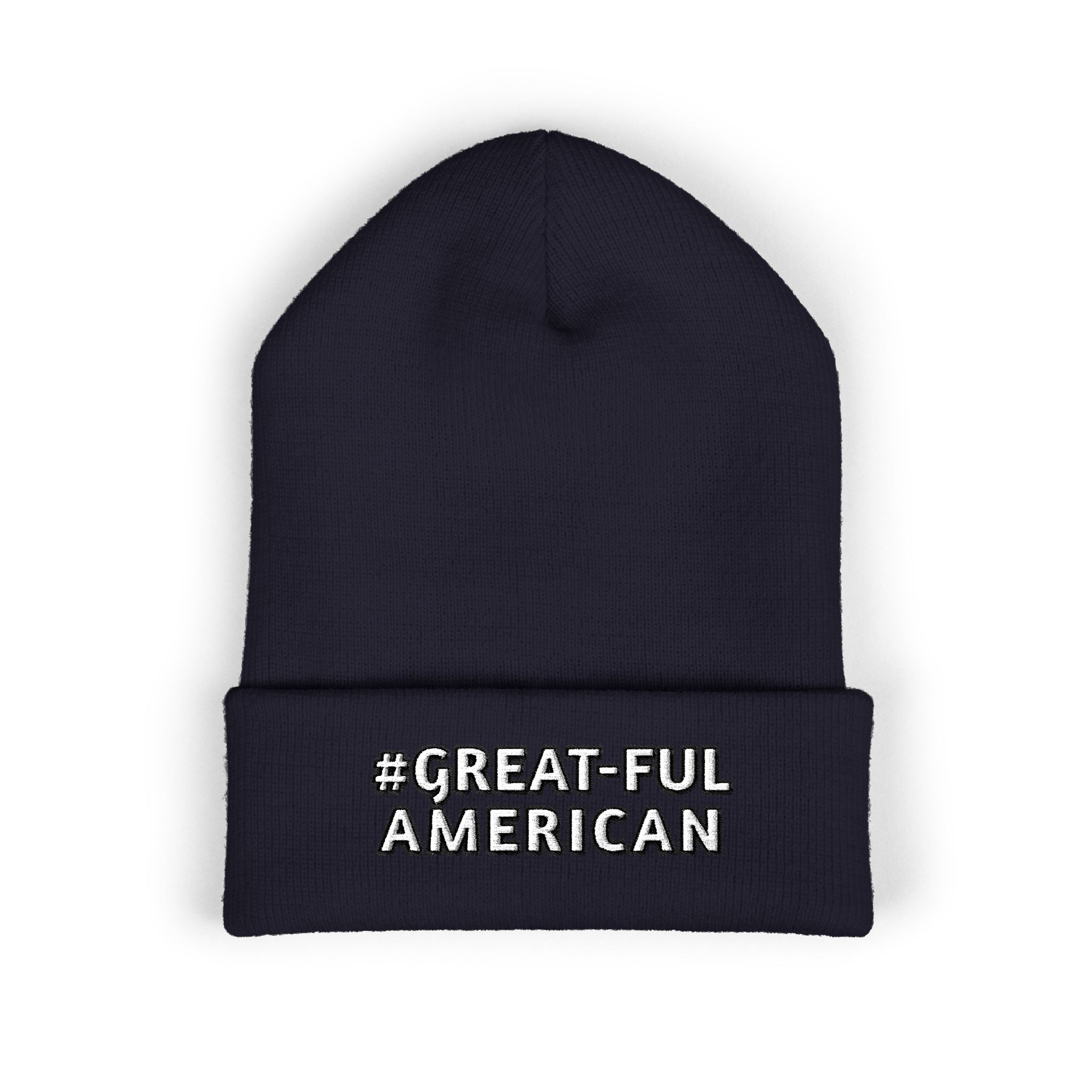 BLUE, RED, or PINK BEANIE w/WHITE LETTERING, Embroidered 'Be Great-Ful American' Cuffed Beanie