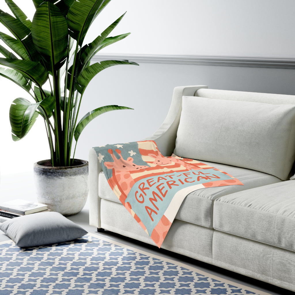 GIRAFFE Patriotic Baby Swaddle Blanket — “#GREAT•FUL AMERICAN” Blue Teddy Flag Design