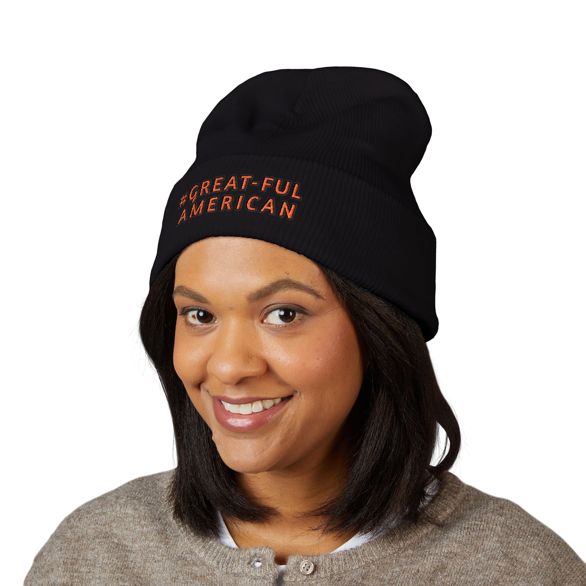WHITE OR BLACK BEANIE w/ RED WRITING, Embroidered Be A "Great-Ful American" Cuffed Beanie