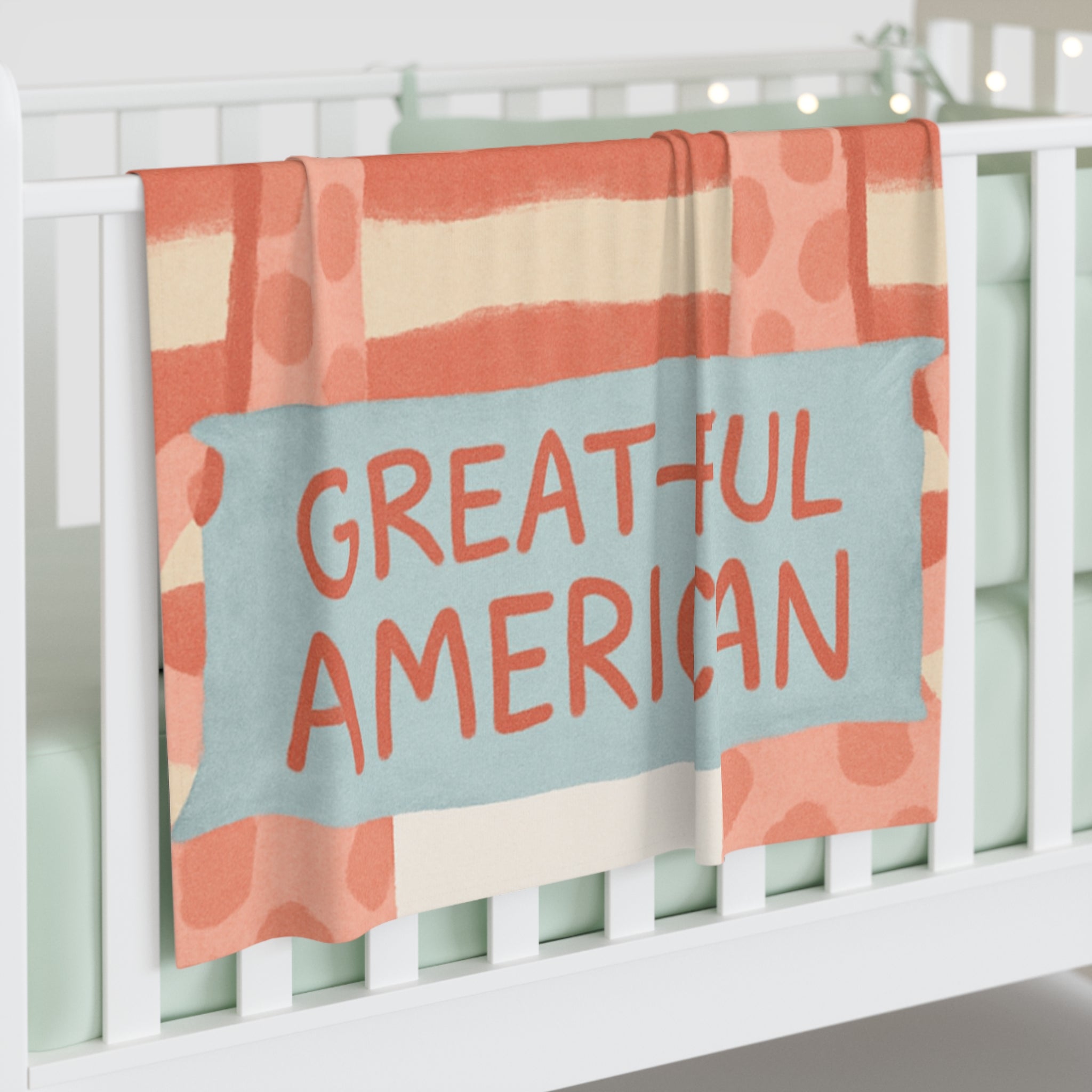 GIRAFFE Patriotic Baby Swaddle Blanket — “#GREAT•FUL AMERICAN” Blue Teddy Flag Design