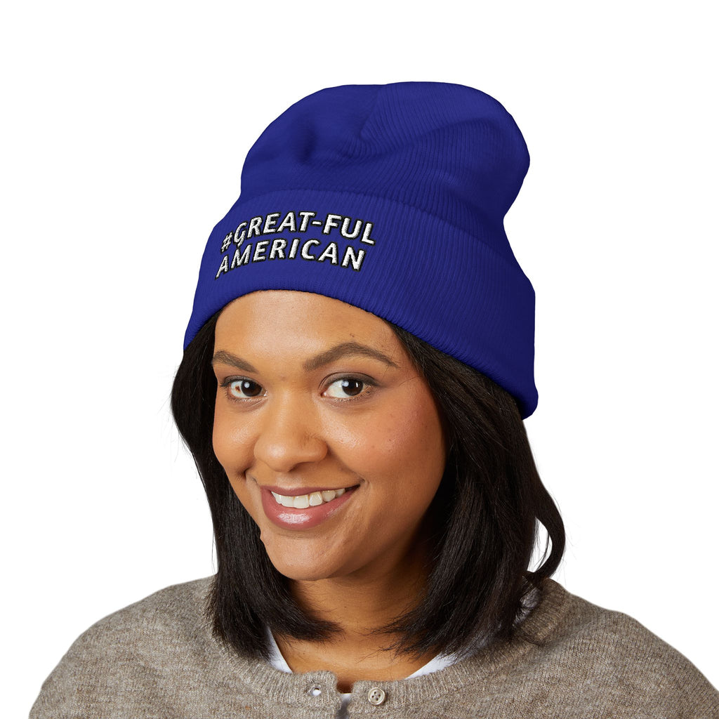 BLUE, RED, or PINK BEANIE w/WHITE LETTERING, Embroidered 'Be Great-Ful American' Cuffed Beanie