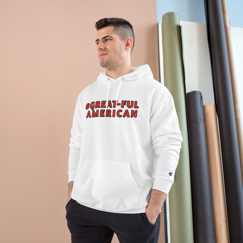 WHITE or BLACK HOODIE w/ RED WRITING,  Champion Brand Hooded Sweatshirt- Comfort, Quality, and Gratitude - Functional Front Pouch Pocket - Classic Drawstring Hood  