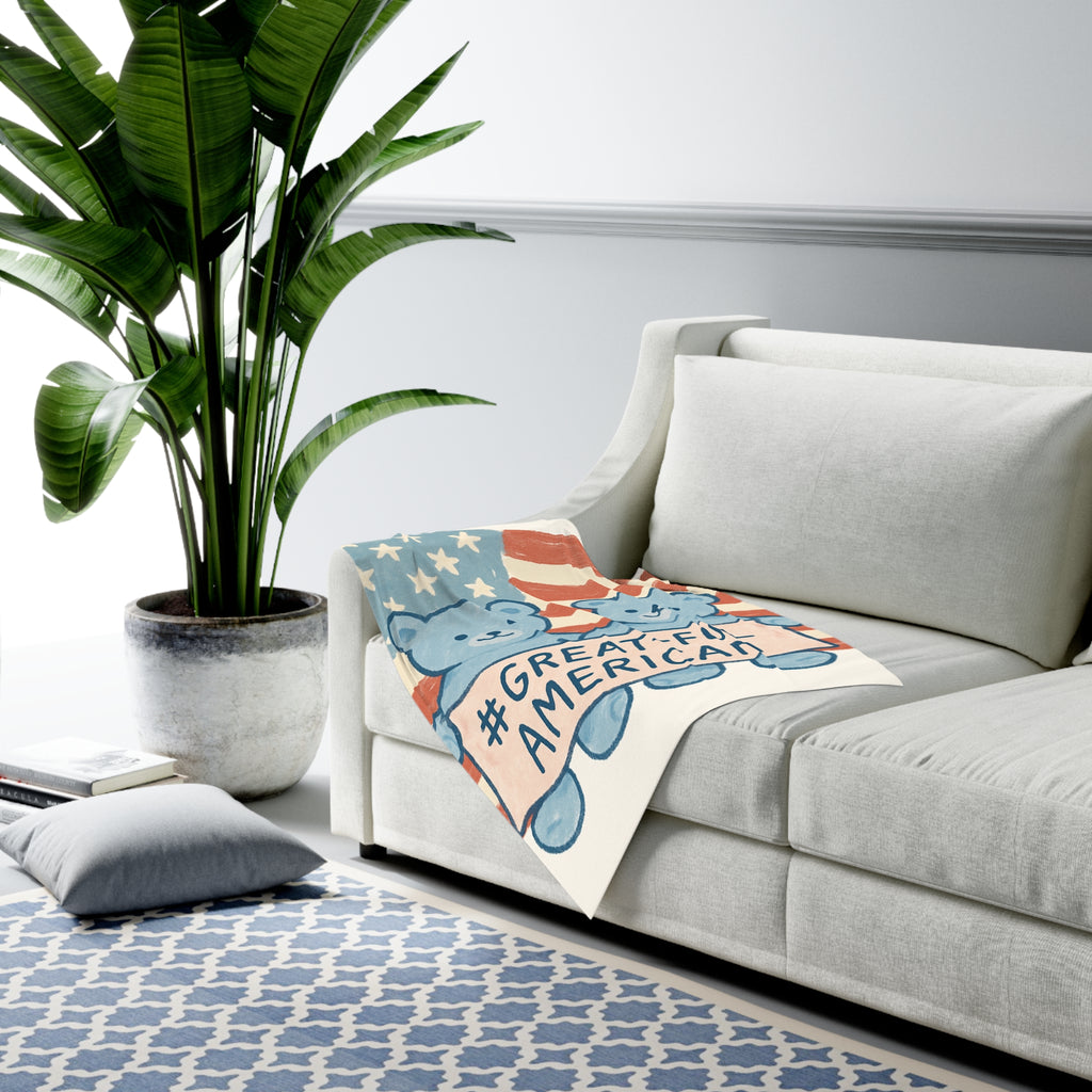TEDDY Bear Patriotic Baby Swaddle Blanket — “#GREAT•FUL AMERICAN” Blue Teddy Flag Design