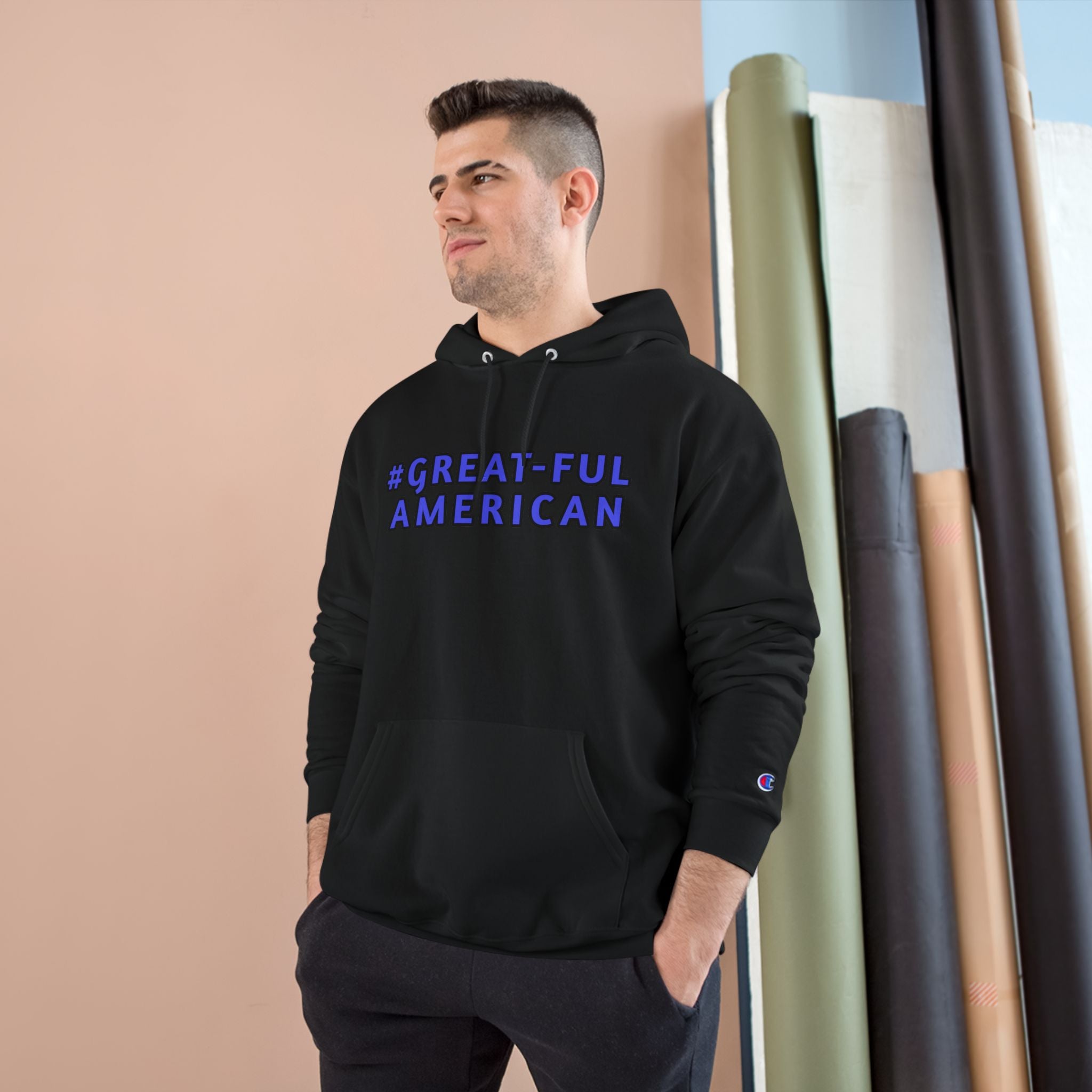 WHITE OR BLACK HOODIE, BLUE WRITING, Champion Brand Hooded Sweatshirt- Comfort, Quality, and Gratitude - Functional Front Pouch Pocket - Classic Drawstring Hood  
