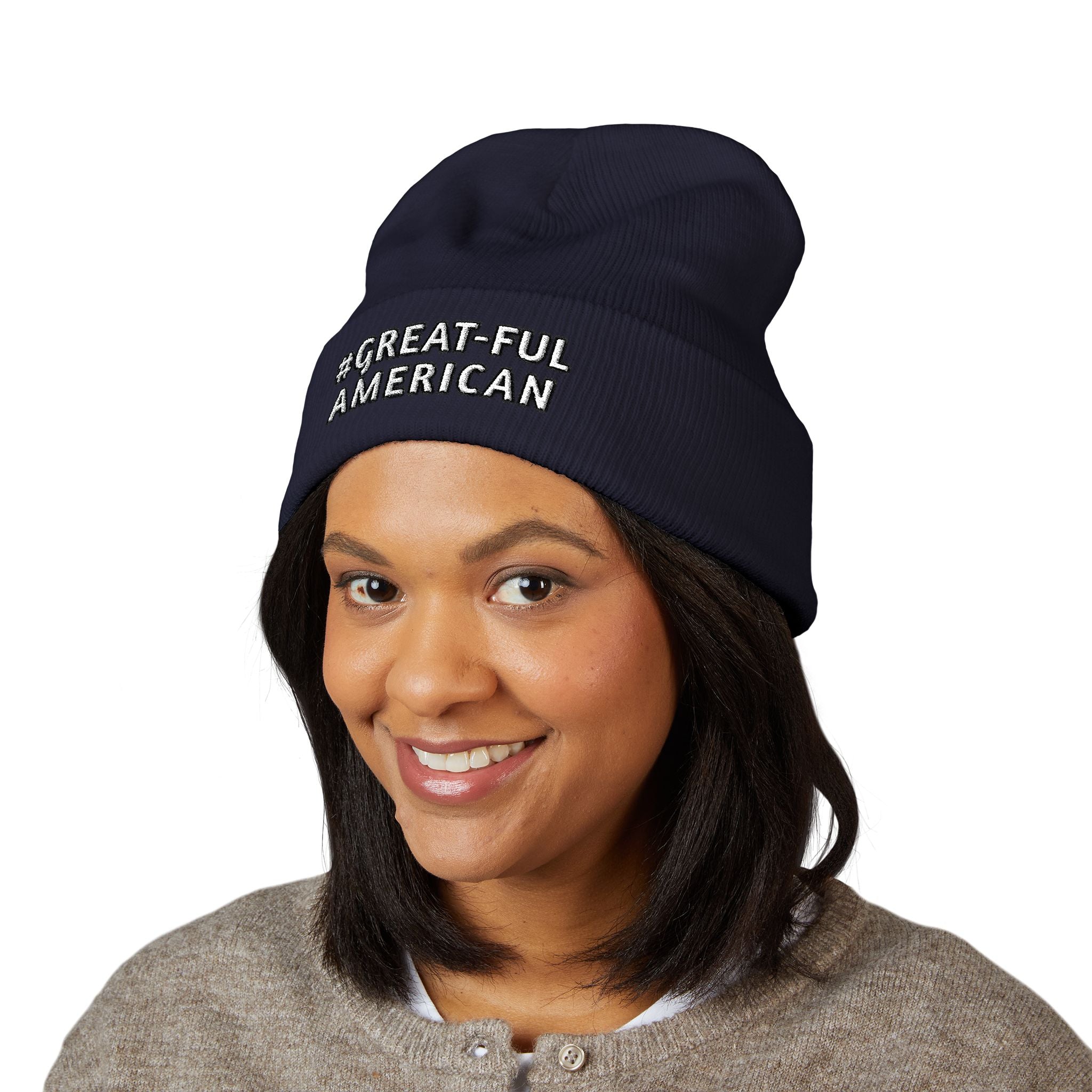 BLUE, RED, or PINK BEANIE w/WHITE LETTERING, Embroidered 'Be Great-Ful American' Cuffed Beanie