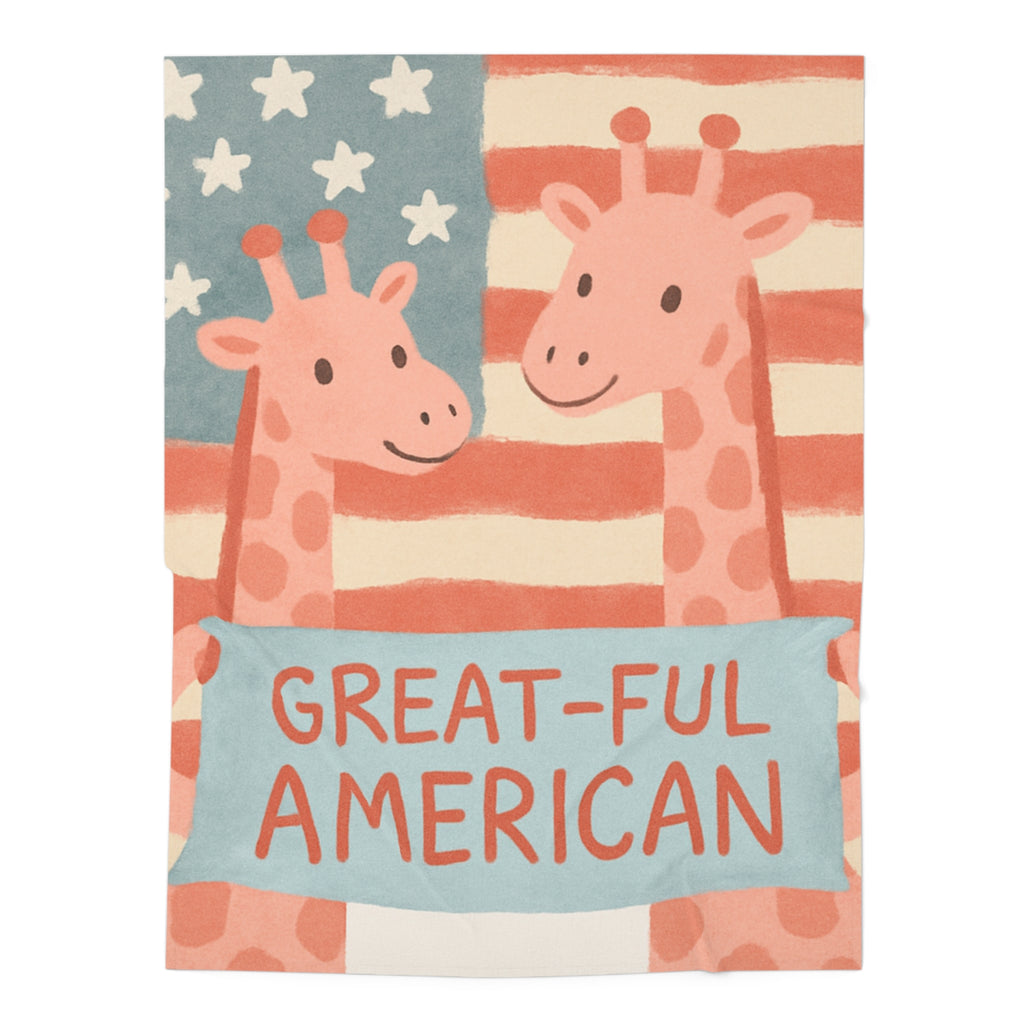 GIRAFFE Patriotic Baby Swaddle Blanket — “#GREAT•FUL AMERICAN” Blue Teddy Flag Design