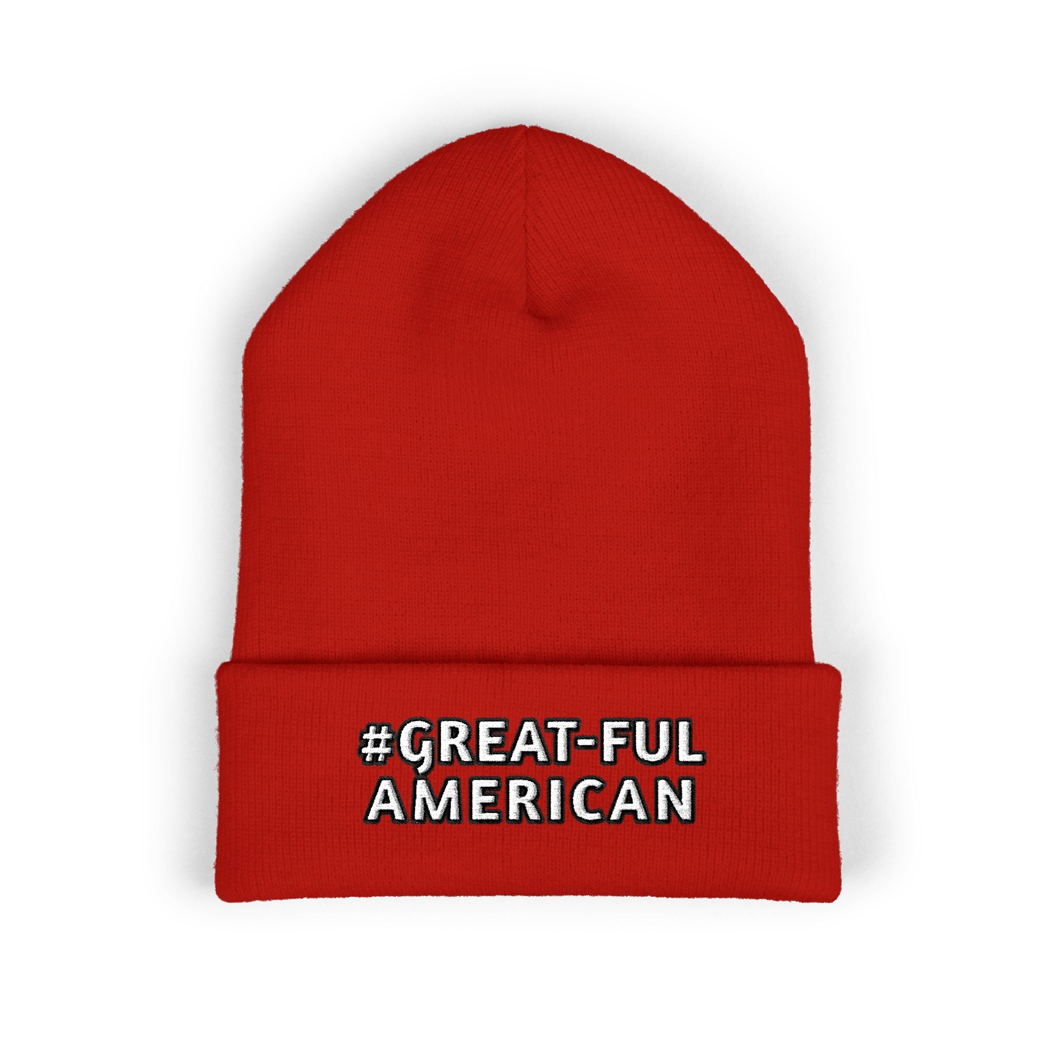 BLUE, RED, or PINK BEANIE w/WHITE LETTERING, Embroidered 'Be Great-Ful American' Cuffed Beanie