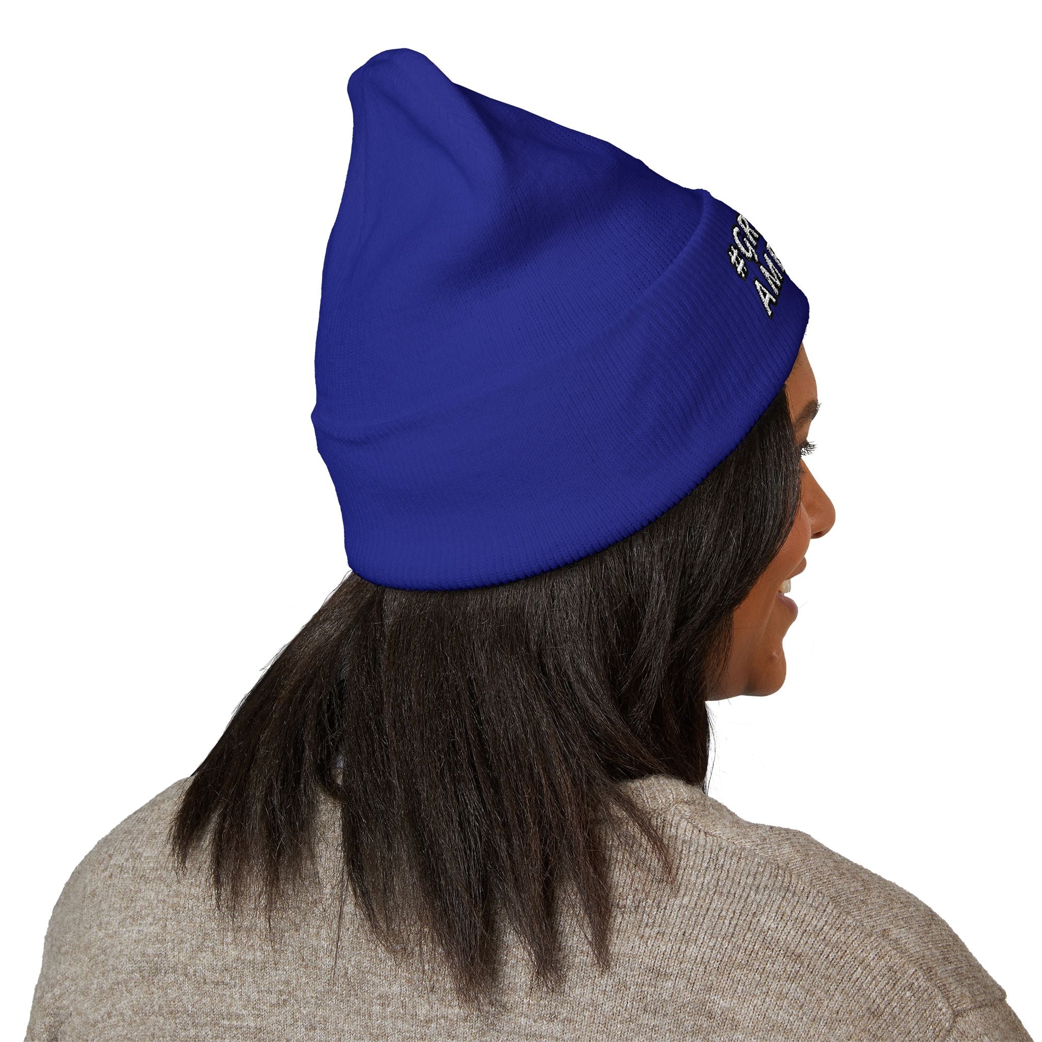 BLUE, RED, or PINK BEANIE w/WHITE LETTERING, Embroidered 'Be Great-Ful American' Cuffed Beanie