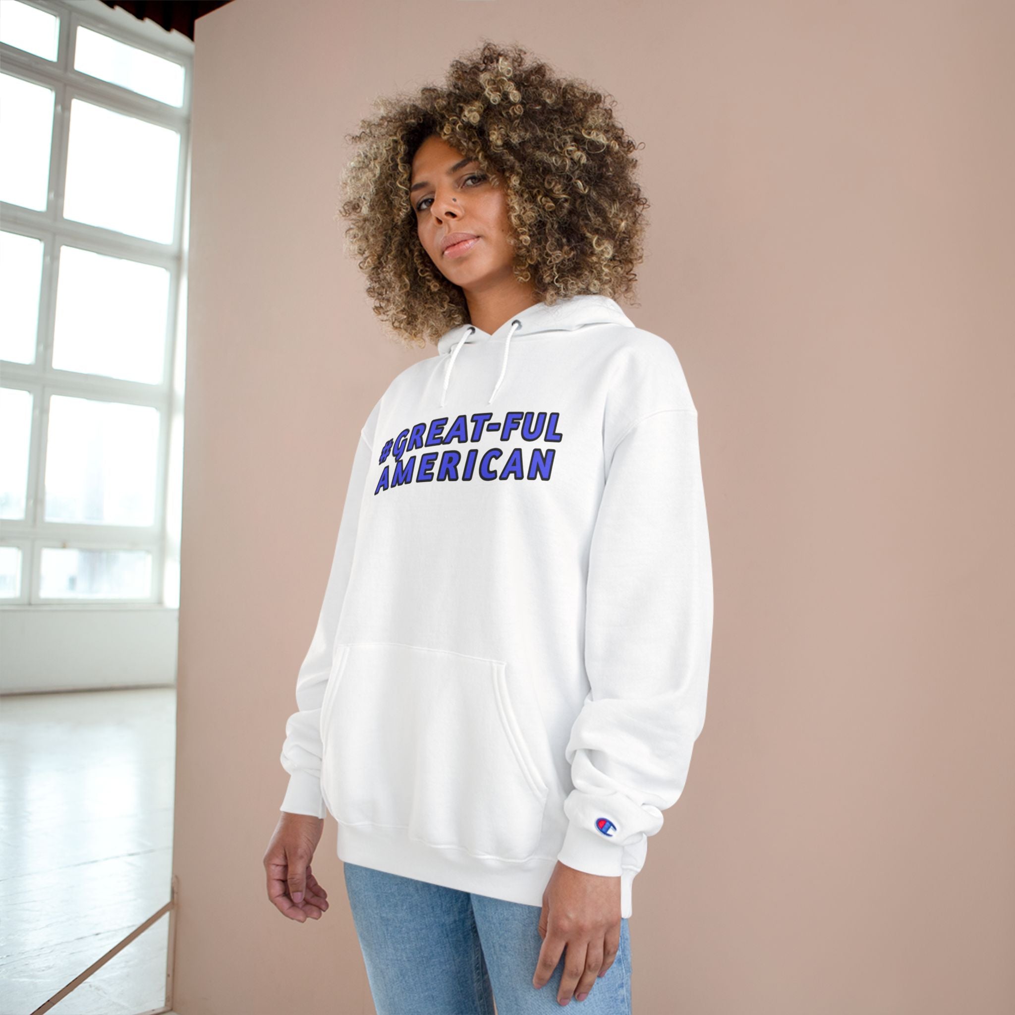 WHITE OR BLACK HOODIE, BLUE WRITING, Champion Brand Hooded Sweatshirt- Comfort, Quality, and Gratitude - Functional Front Pouch Pocket - Classic Drawstring Hood  