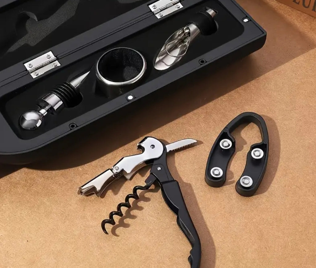 Hinged Wine "Bottle" Filled with Wine Opening, Pouring, & Saving Accessories.